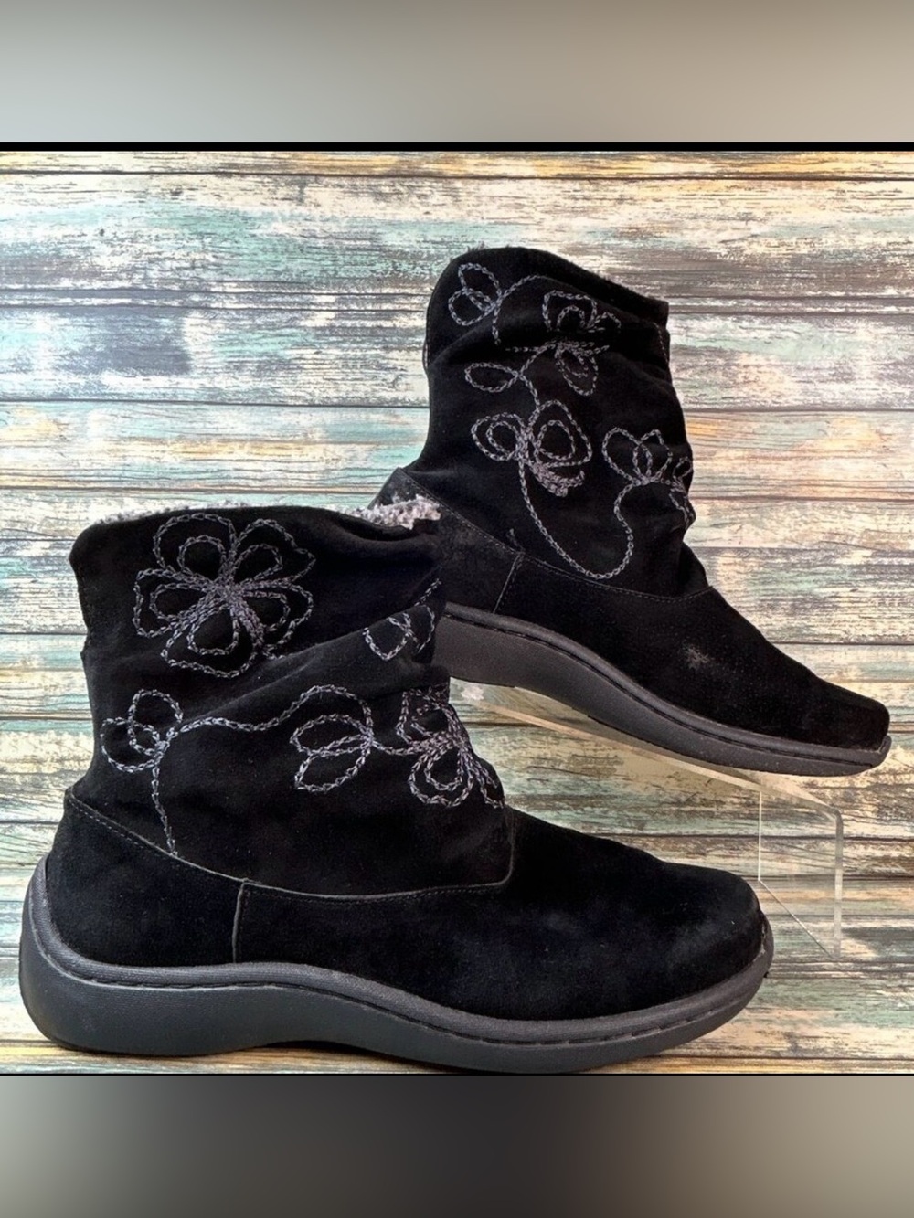 Klogs Footwear Boots Womens 8.5M Black Suede Slouch Pull On Wedge Faux Shearling